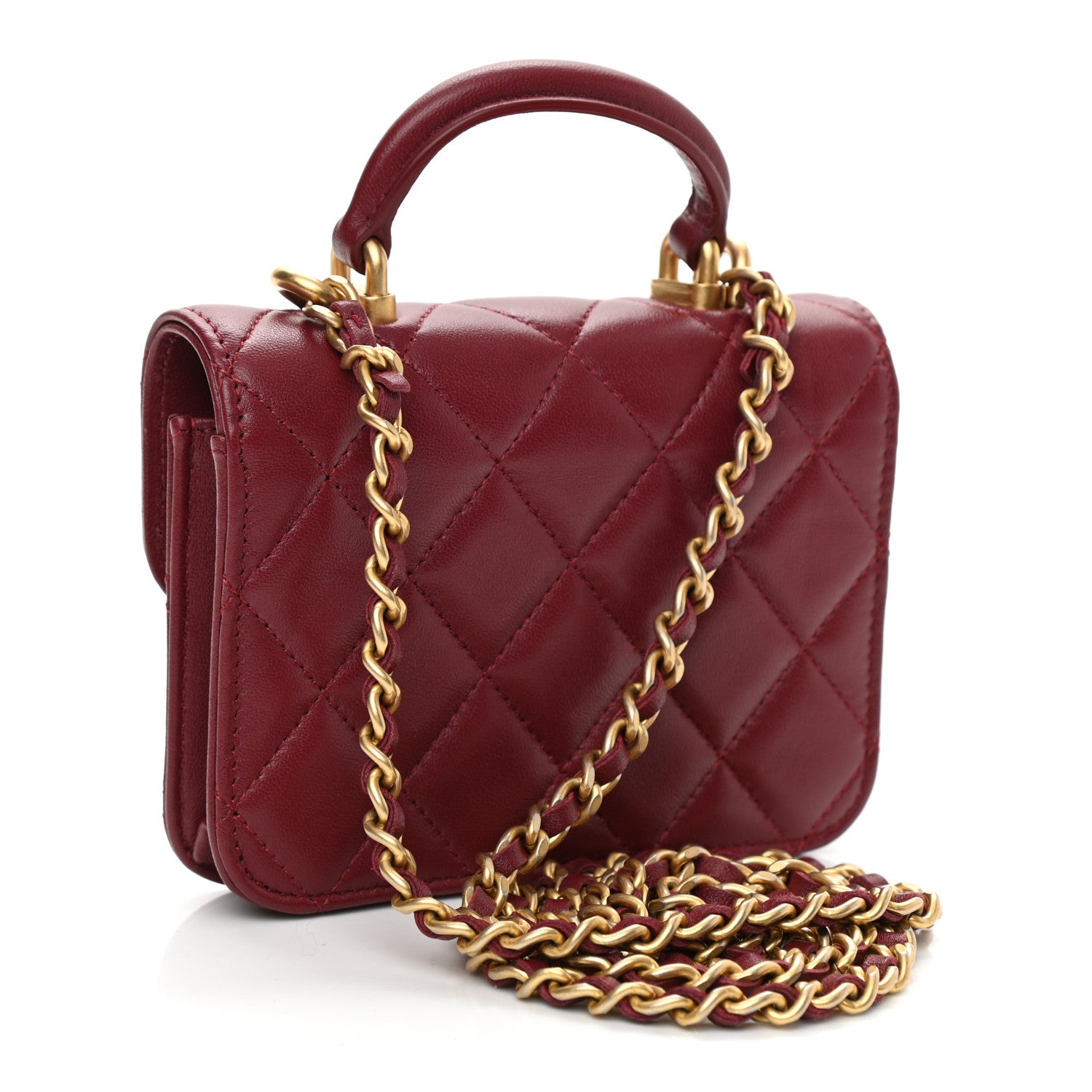 Chanel Lambskin Quilted Top Handle Flap Coin Purse With Chain Burgundy 3 of 8