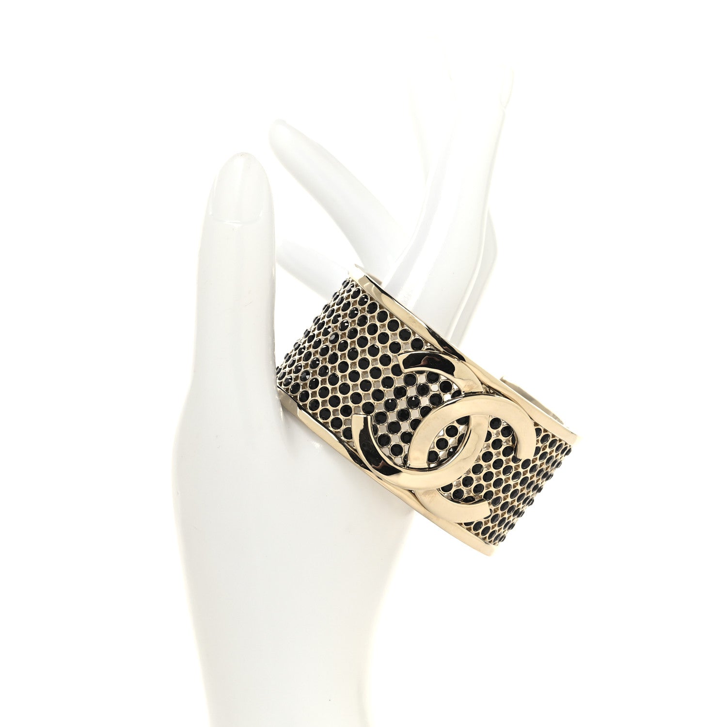 Chanel Metal Crystal CC Cuff Bracelet M Black Gold 2 of 4
