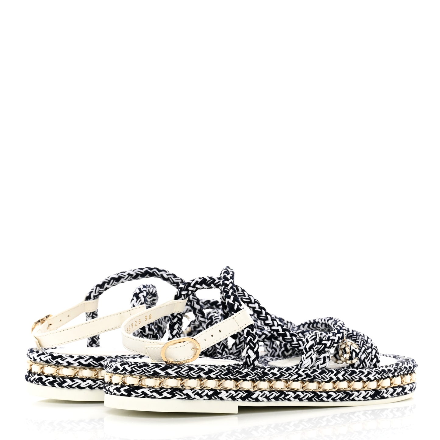 Lambskin Cord Chain CC Sandals 38 Navy Blue White