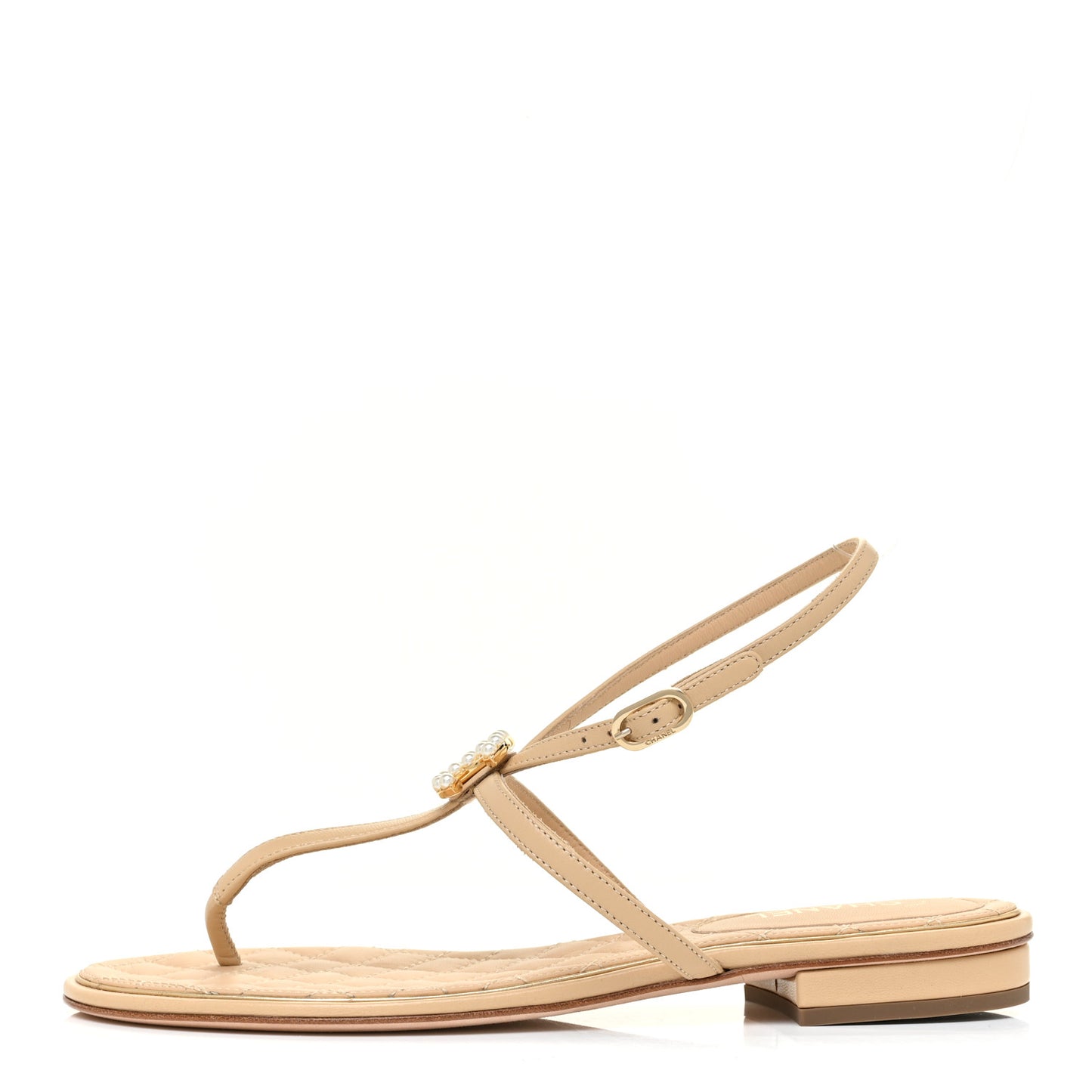 Lambskin Quilted Pearl CC Thong Sandals 37 Beige