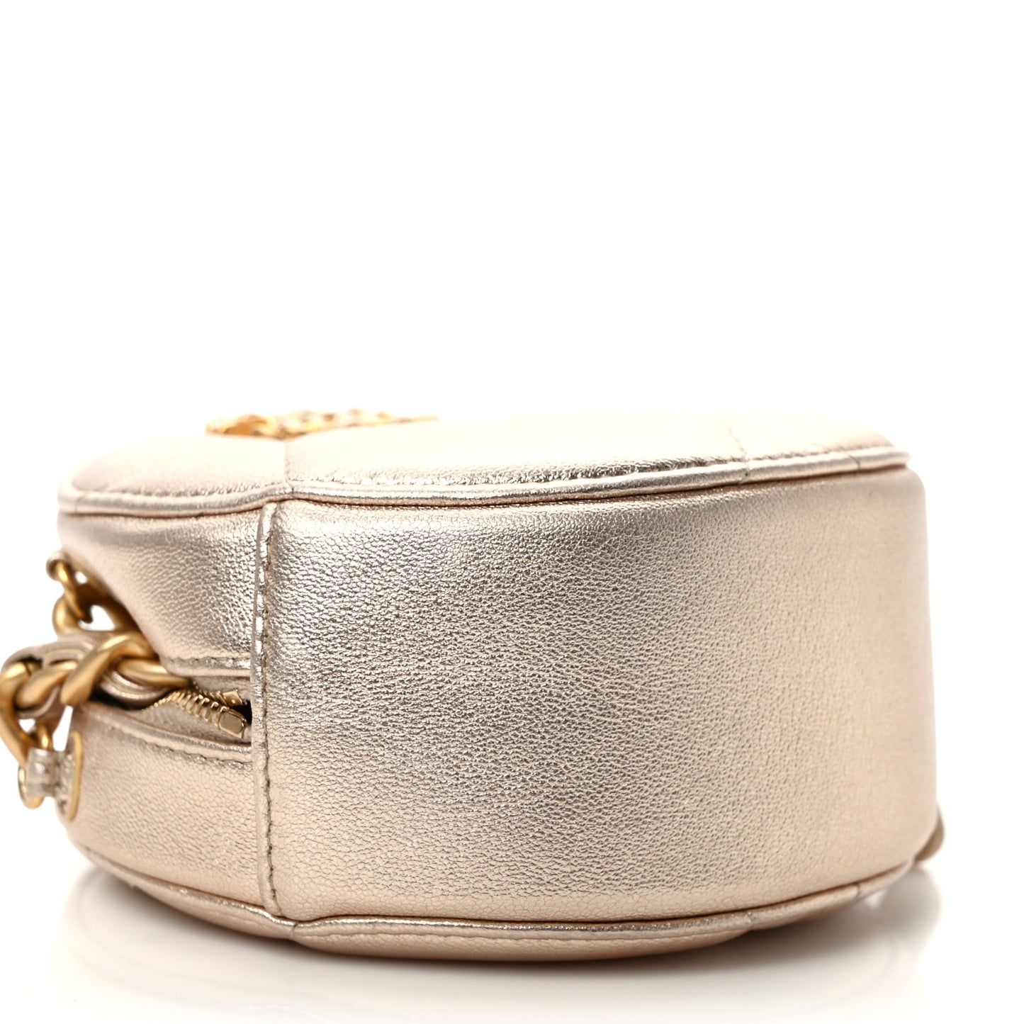 Metallic Lambskin Quilted Chanel 19 Round Clutch With Chain Gold