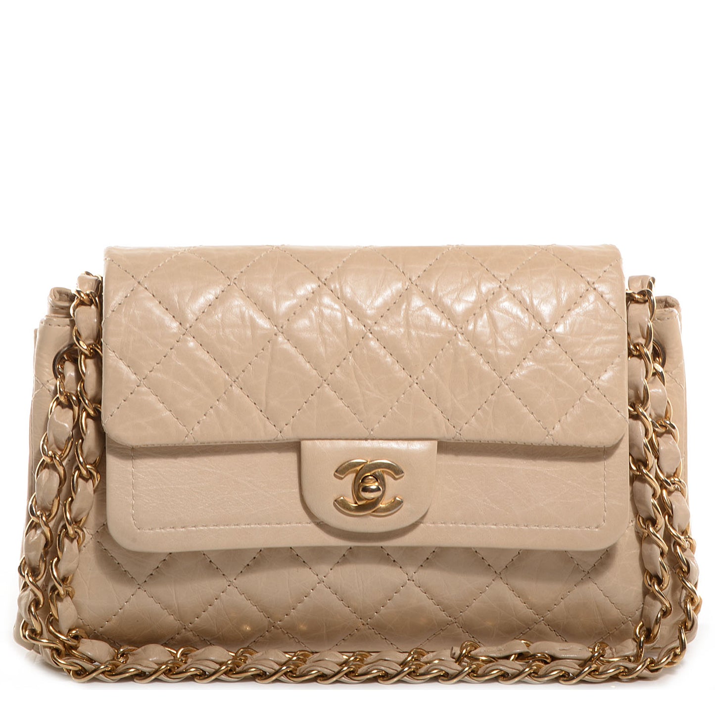 Aged Calfskin Quilted Accordion Double Flap Beige
