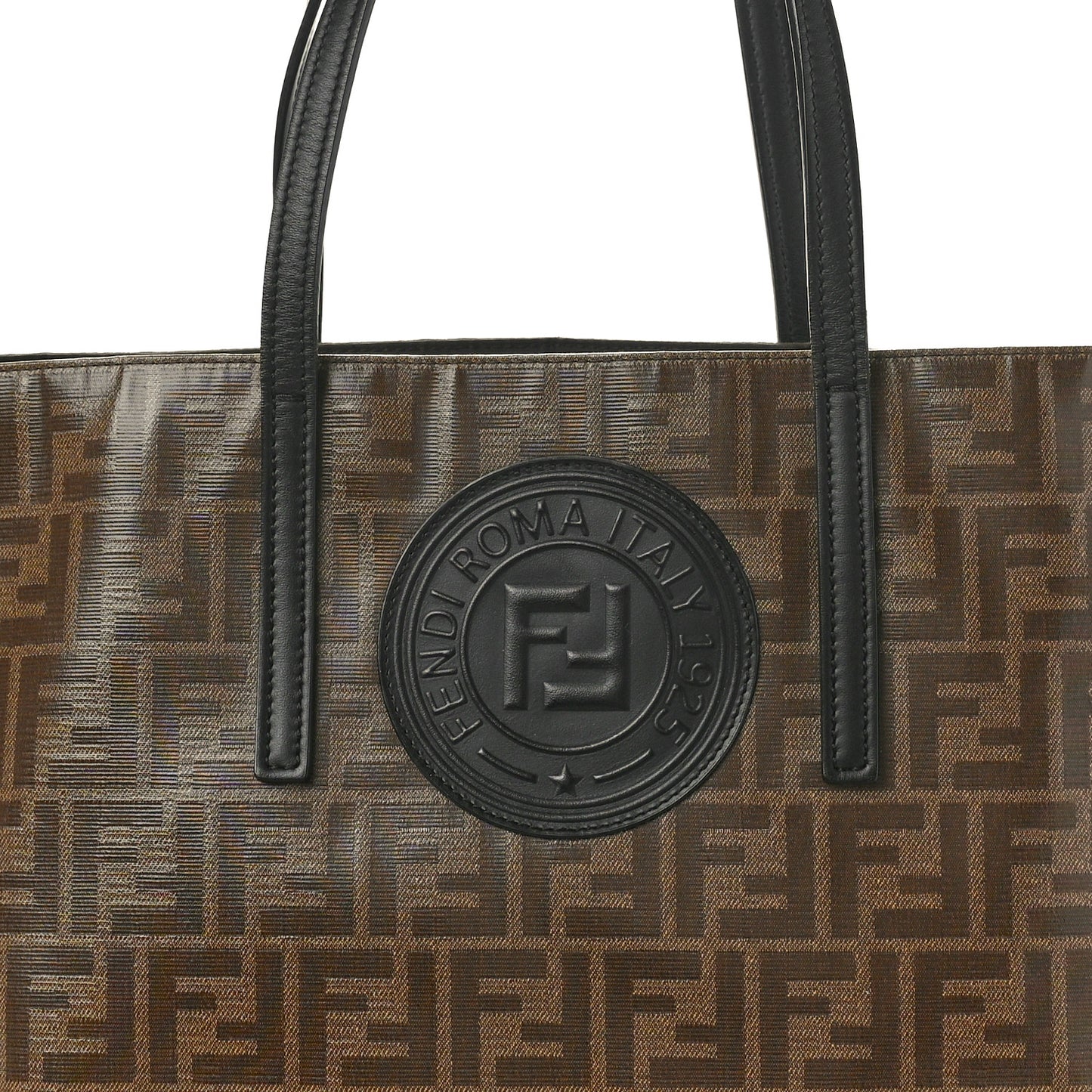 Glazed Fabric Vitello Century FF 1974 Stamp Patch Shopping Tote Mogano Panna Black