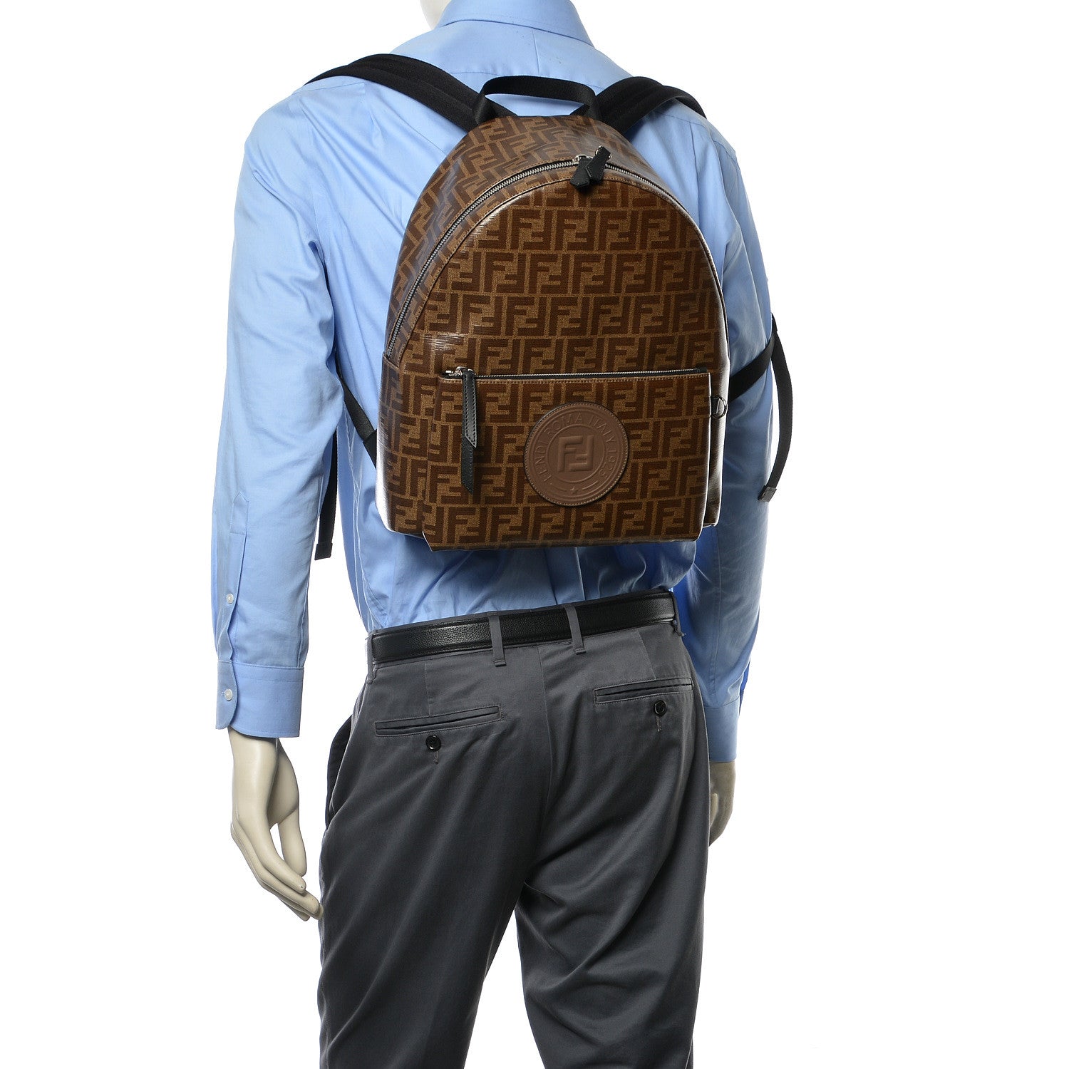 Fendi Glazed Fabric Vitello Century FF 1974 Stamp Patch Pouch Pocket Backpack Mogano Panna Black 2 of 9