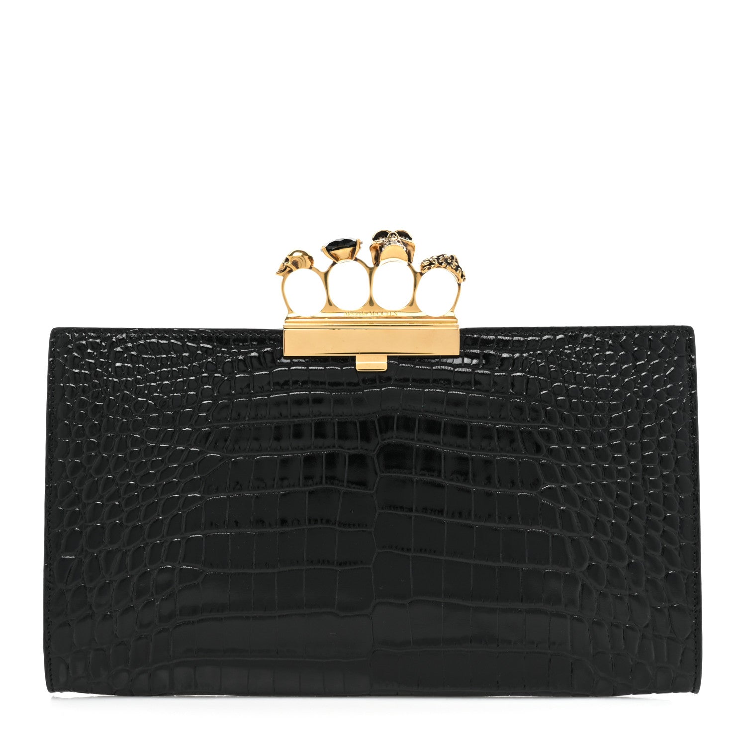Alexander McQueen Calfskin Crocodile Embossed Knuckle Flat Clutch Black Gold 1 of 12