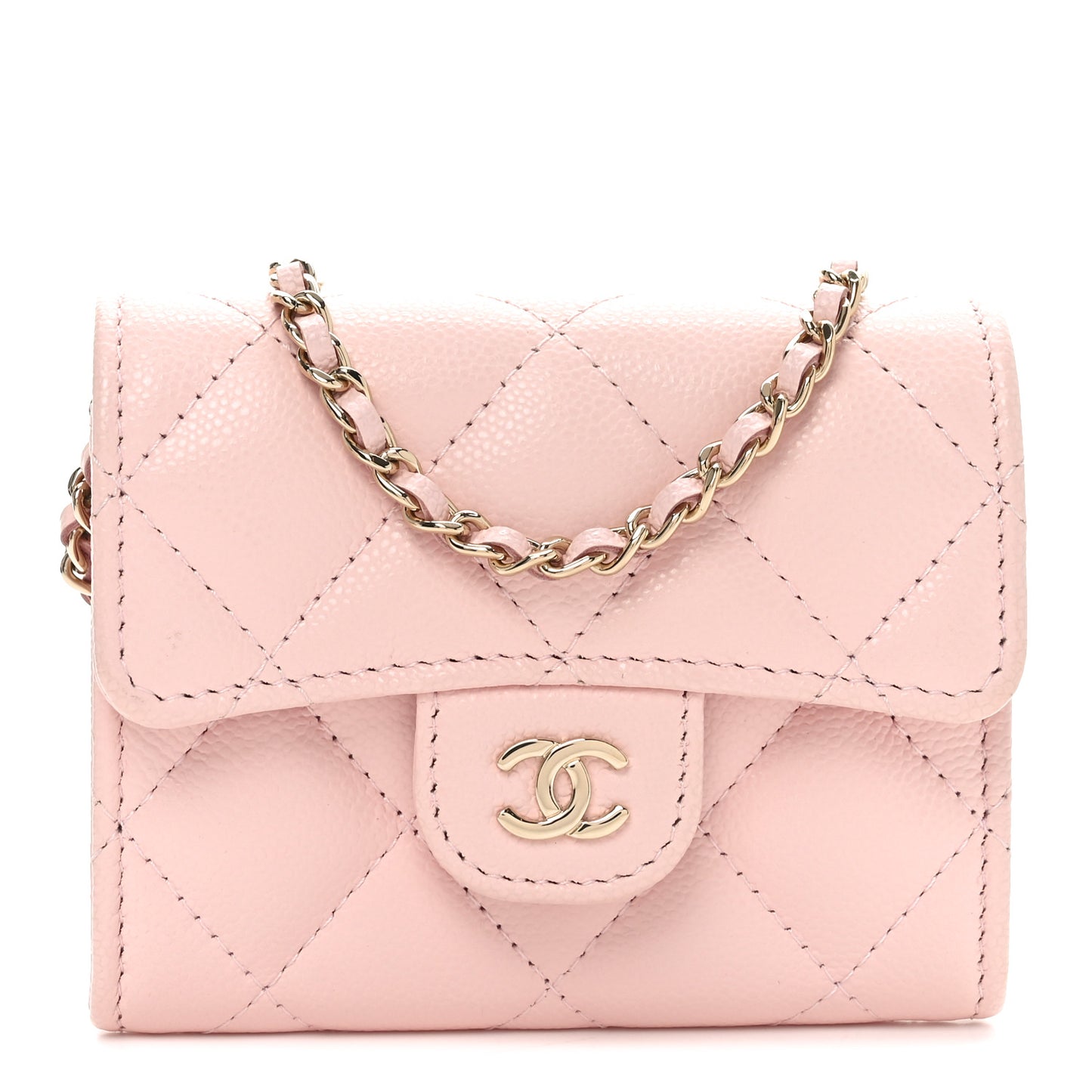 Caviar Quilted Flap Card Holder On Chain Pink