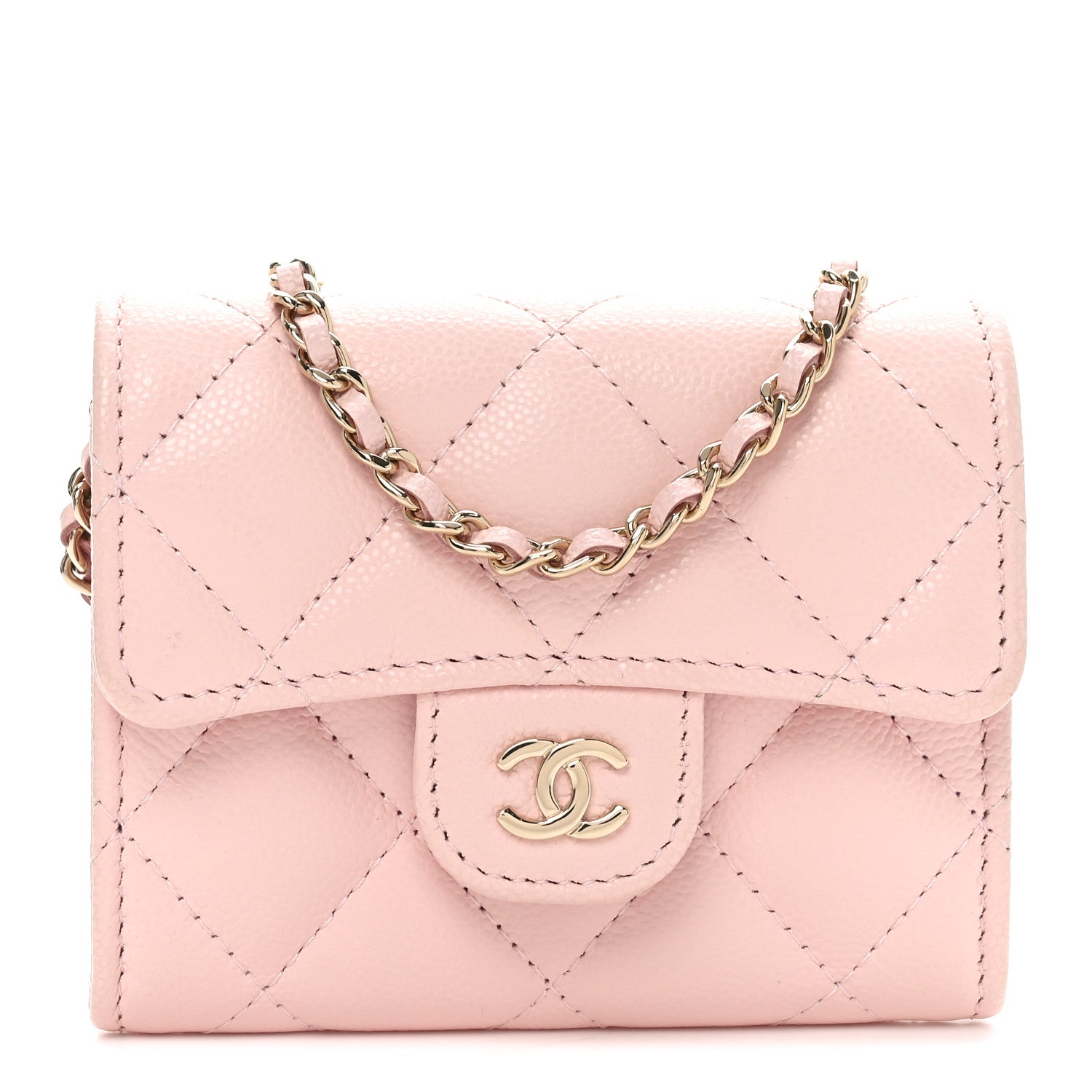 Chanel Caviar Quilted Flap Card Holder On Chain Pink 1 of 9