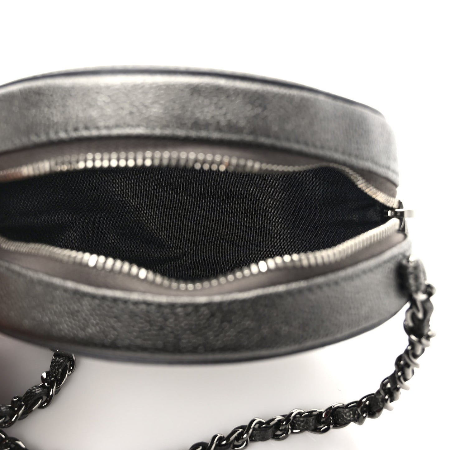 Metallic Caviar Quilted Round Filigree Crossbody Ruthenium