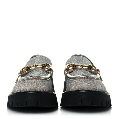 Gucci Mini Diamond Storm Silk Calfskin Womens Harald Horsebit 25mm Platform Loafers 36.5 Silver 2 of 11
