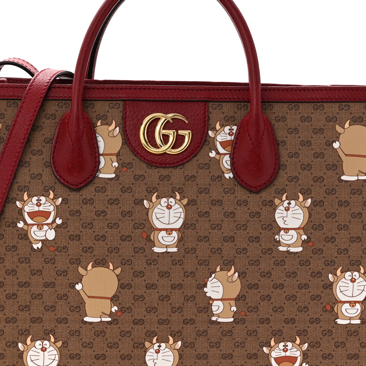 X DORAEMON Vintage Mini GG Supreme Monogram Medium Tote Bag Beige Cherry Red