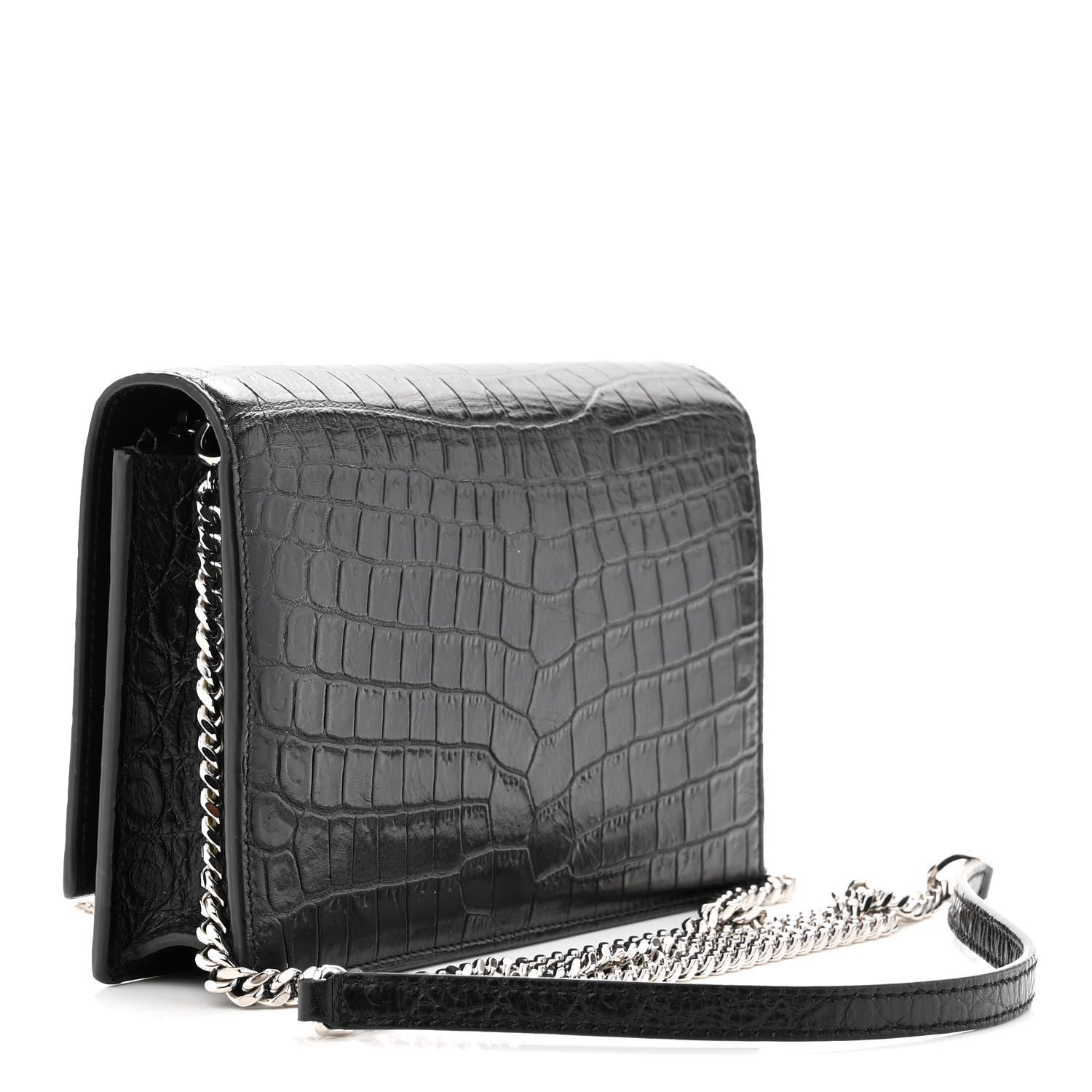Saint Laurent Calfskin Crocodile Embossed Kate Monogram Tassel Chain Wallet Black 2 of 11