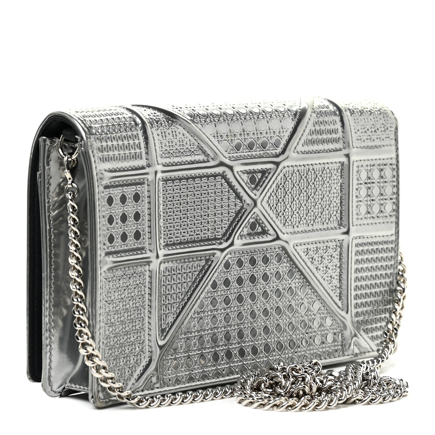 Christian Dior Metallic Patent Micro-Cannage Diorama Wallet on Chain Pouch Silver 3 of 19