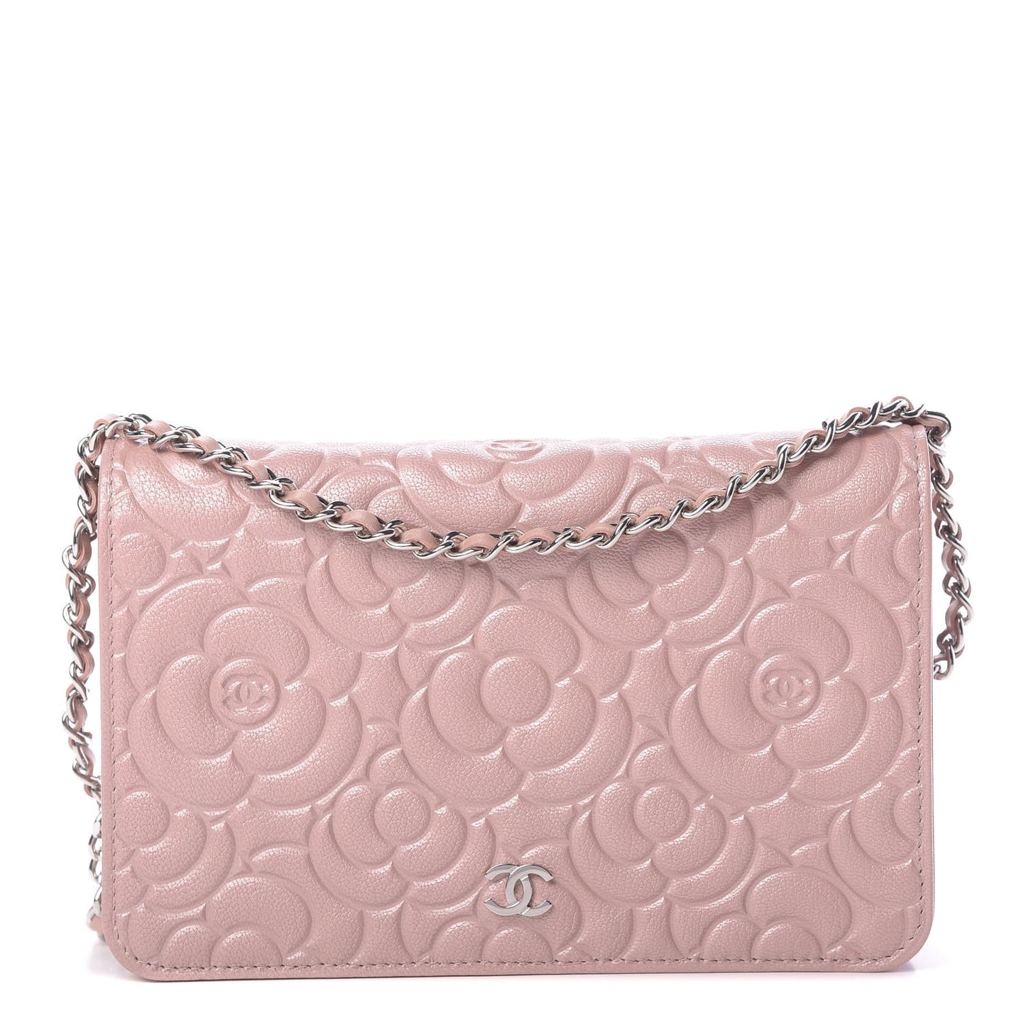 Goatskin Camellia Embossed Wallet On Chain WOC Light Pink