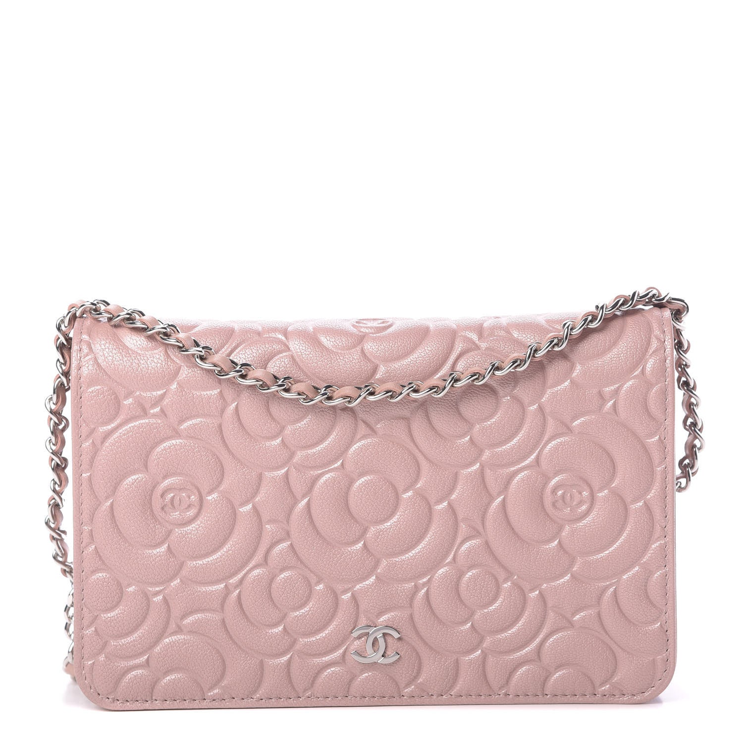 Chanel Goatskin Camellia Embossed Wallet On Chain WOC Light Pink 1 of 12