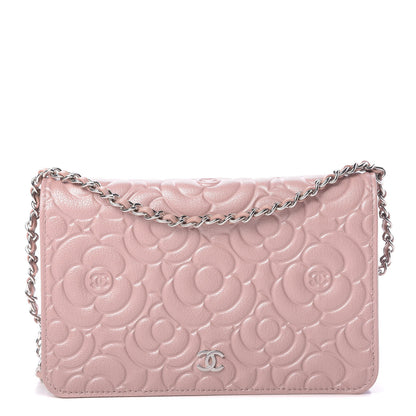 Chanel Goatskin Camellia Embossed Wallet On Chain WOC Light Pink 1 of 12