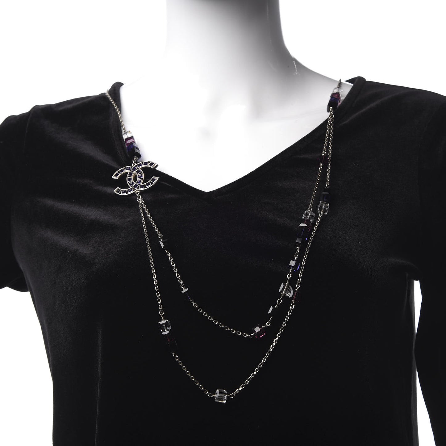 Glass Enamel CC Long Necklace Silver Purple Emerald