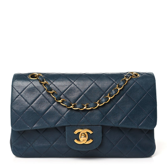 Lambskin Quilted Medium Double Flap Navy