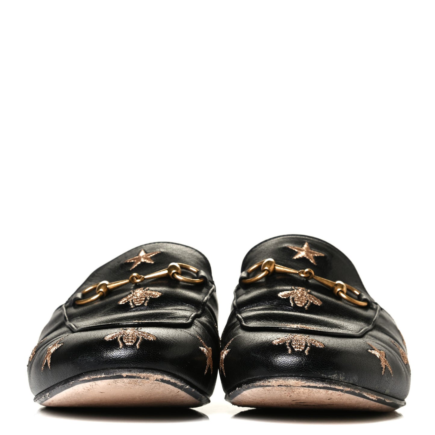 Goatskin Bee Star Embroidered Womens Princetown Slippers 38.5 Black