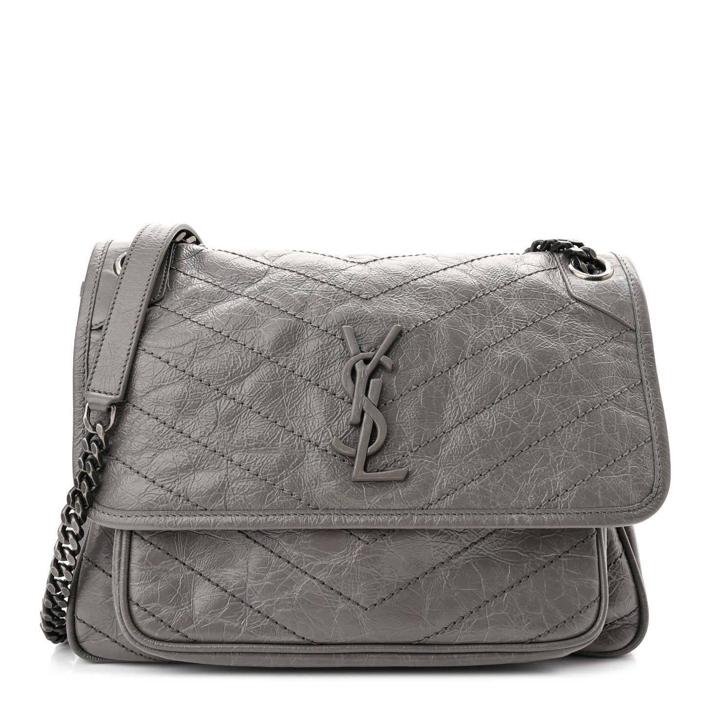 Crinkled Calfskin Matelasse Monogram Medium Niki Chain Satchel Fog