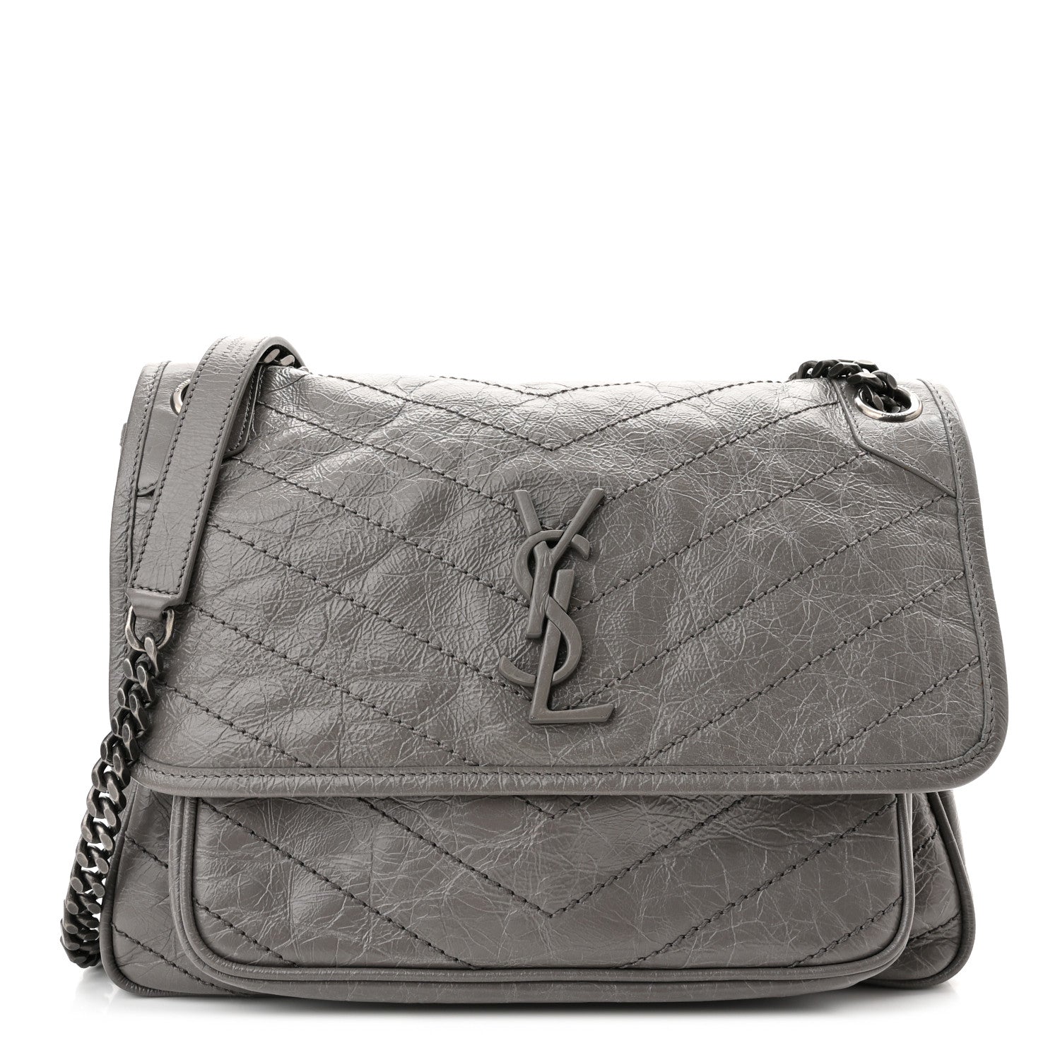 Saint Laurent Crinkled Calfskin Matelasse Monogram Medium Niki Chain Satchel Fog 1 of 10
