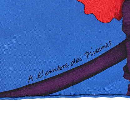 Hermes Silk L'Ombre Des Pivoine Scarf 90 Bleu Moyen Rouge White 5 of 5