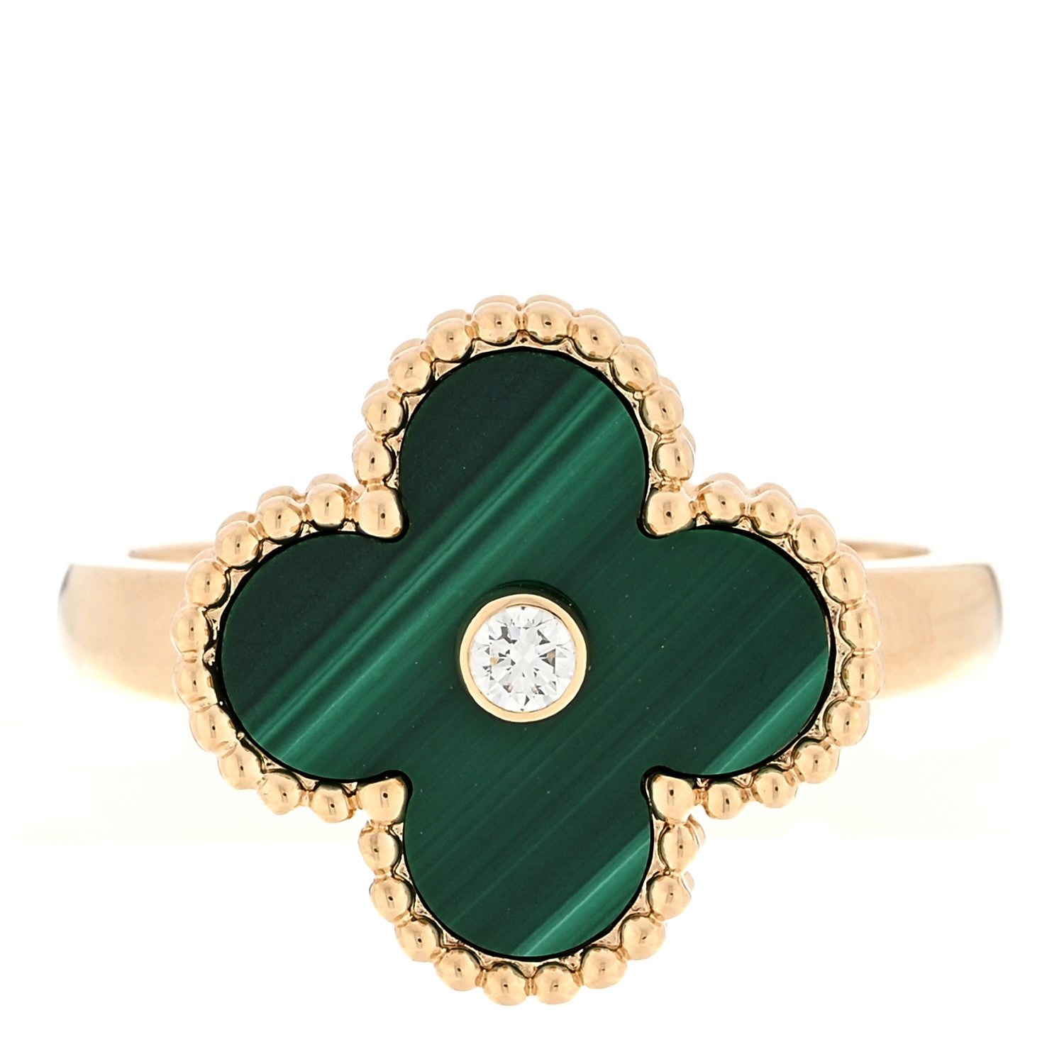 Van Cleef & Arpels 18K Yellow Gold Diamond Malachite Vintage Alhambra Ring 54 6.75 1 of 5