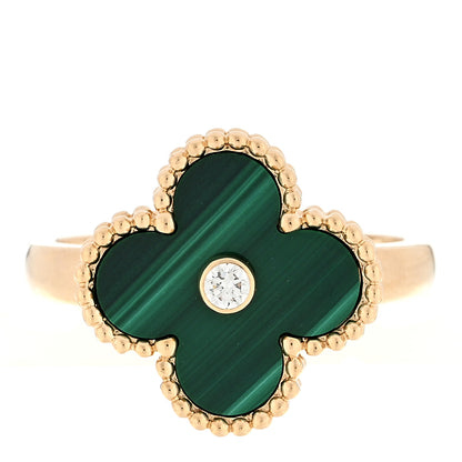 Van Cleef & Arpels 18K Yellow Gold Diamond Malachite Vintage Alhambra Ring 54 6.75 1 of 5