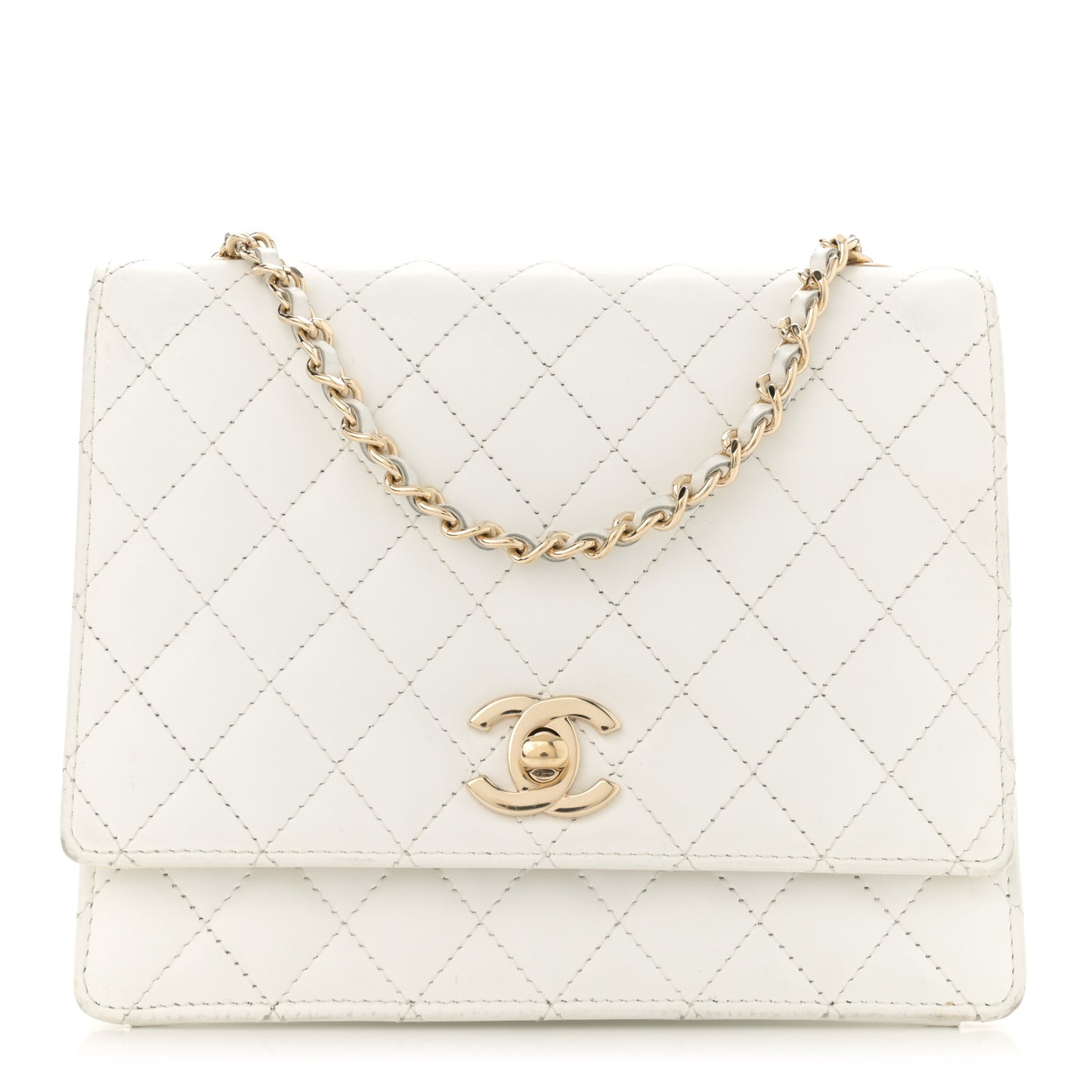 Glazed Calfskin Stitched Mini Square Flap White