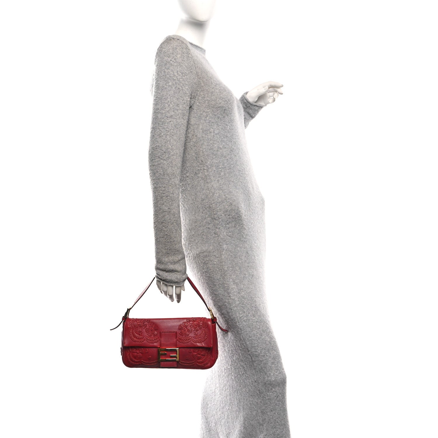 Fendi Calfskin Floral Stitched Baguette Red 2 of 9