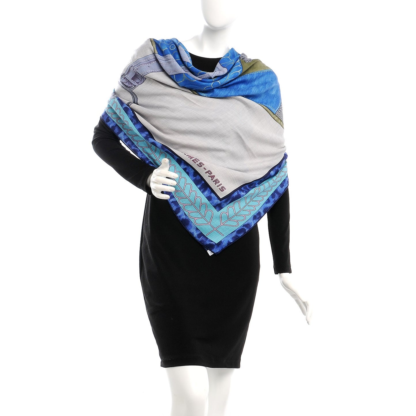 Cashmere Silk Selle d'Officier En Grande Tenue Shawl 140 Gris Chine Bleu Khaki