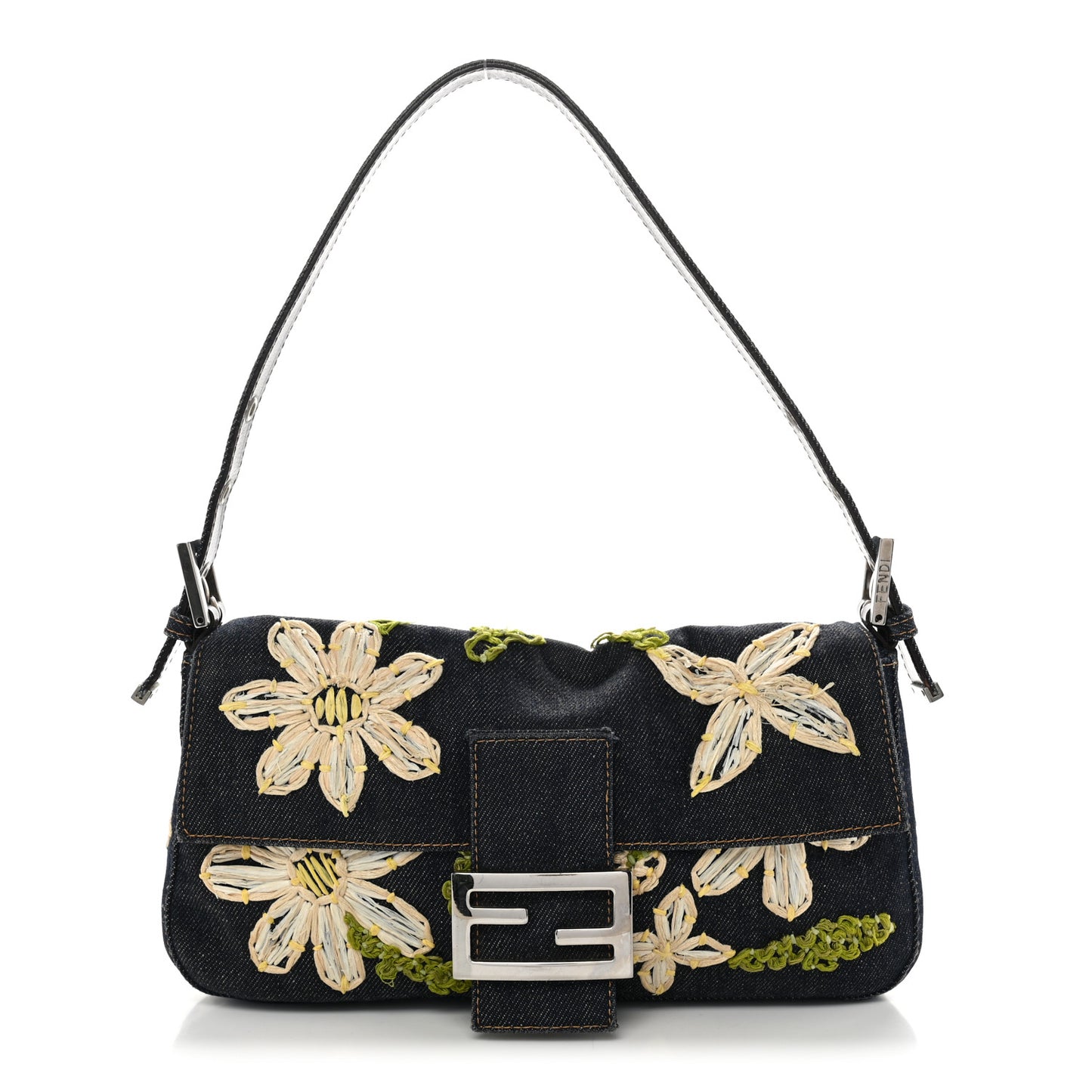 Denim Flower Applique Baguette Blue