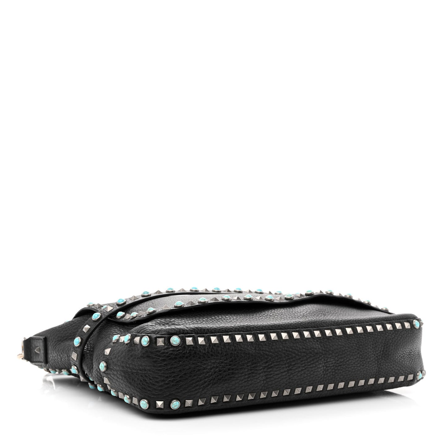 Pebbled Calfskin Rockstud Rolling Flap Messenger Bag Black
