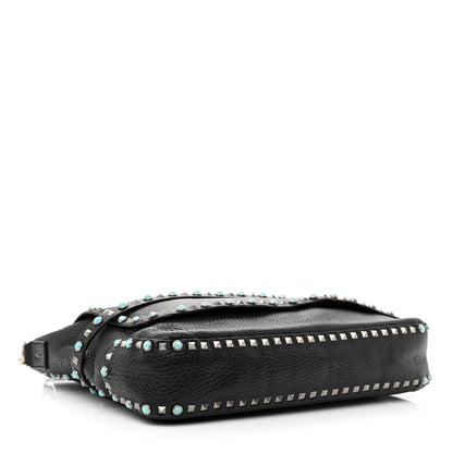 Valentino Garavani Pebbled Calfskin Rockstud Rolling Flap Messenger Bag Black 4 of 15