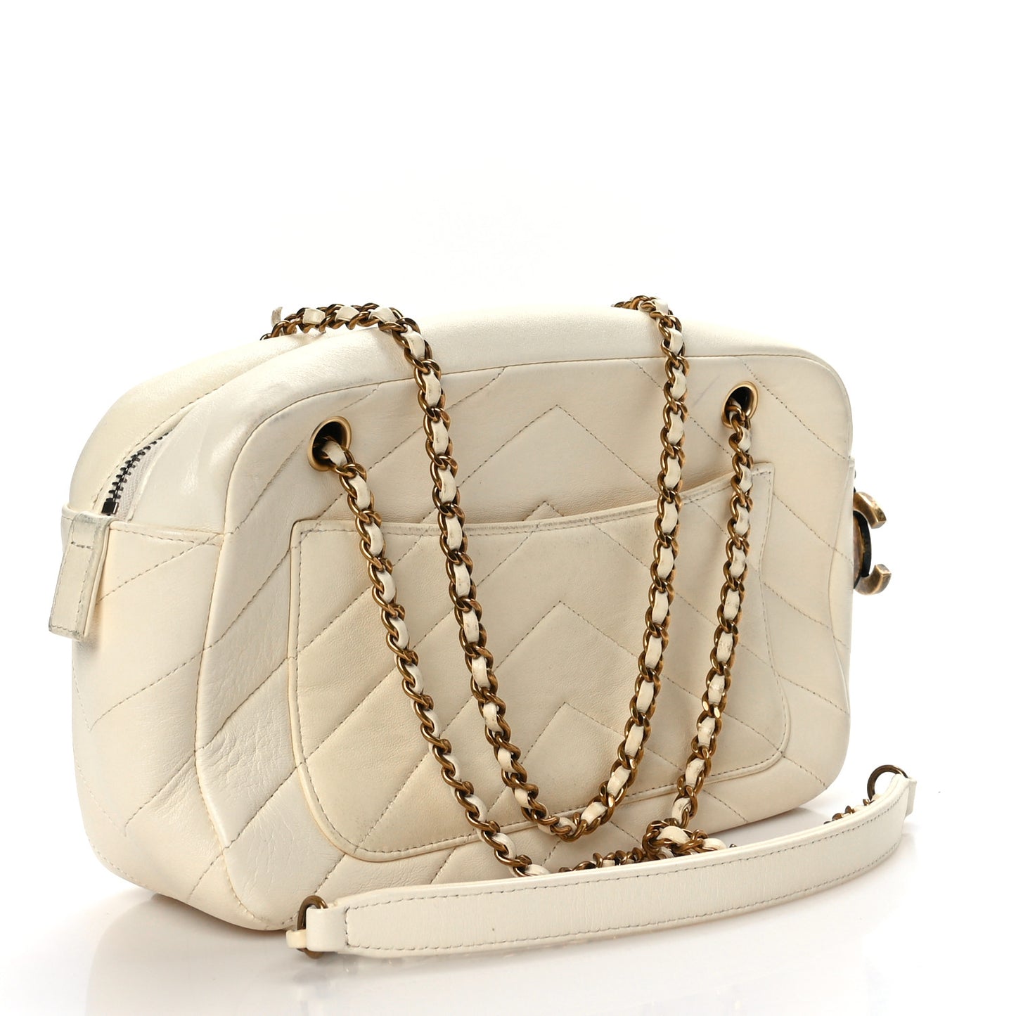 Shiny Lambskin Chevron Stitched Small Coco Camera Case White