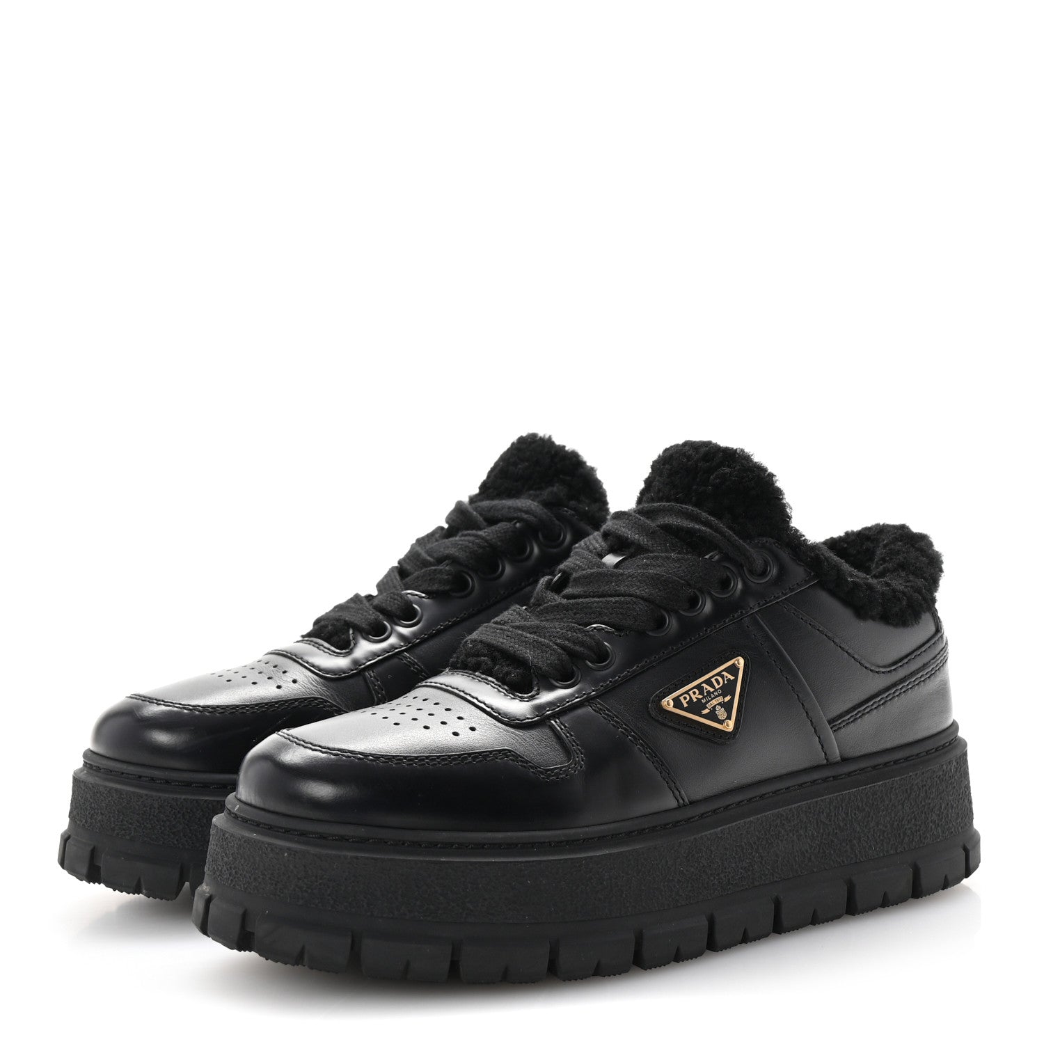 Prada Calfskin Shearling Metal Triangle Logo Sneakers 35.5 Black 4 of 10