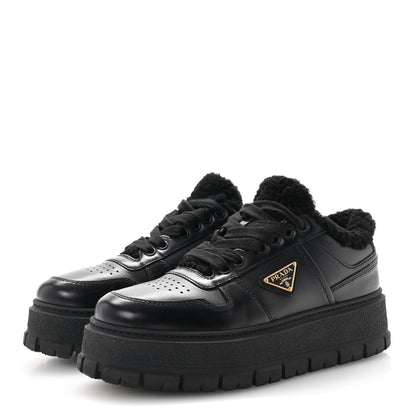 Prada Calfskin Shearling Metal Triangle Logo Sneakers 35.5 Black 4 of 10