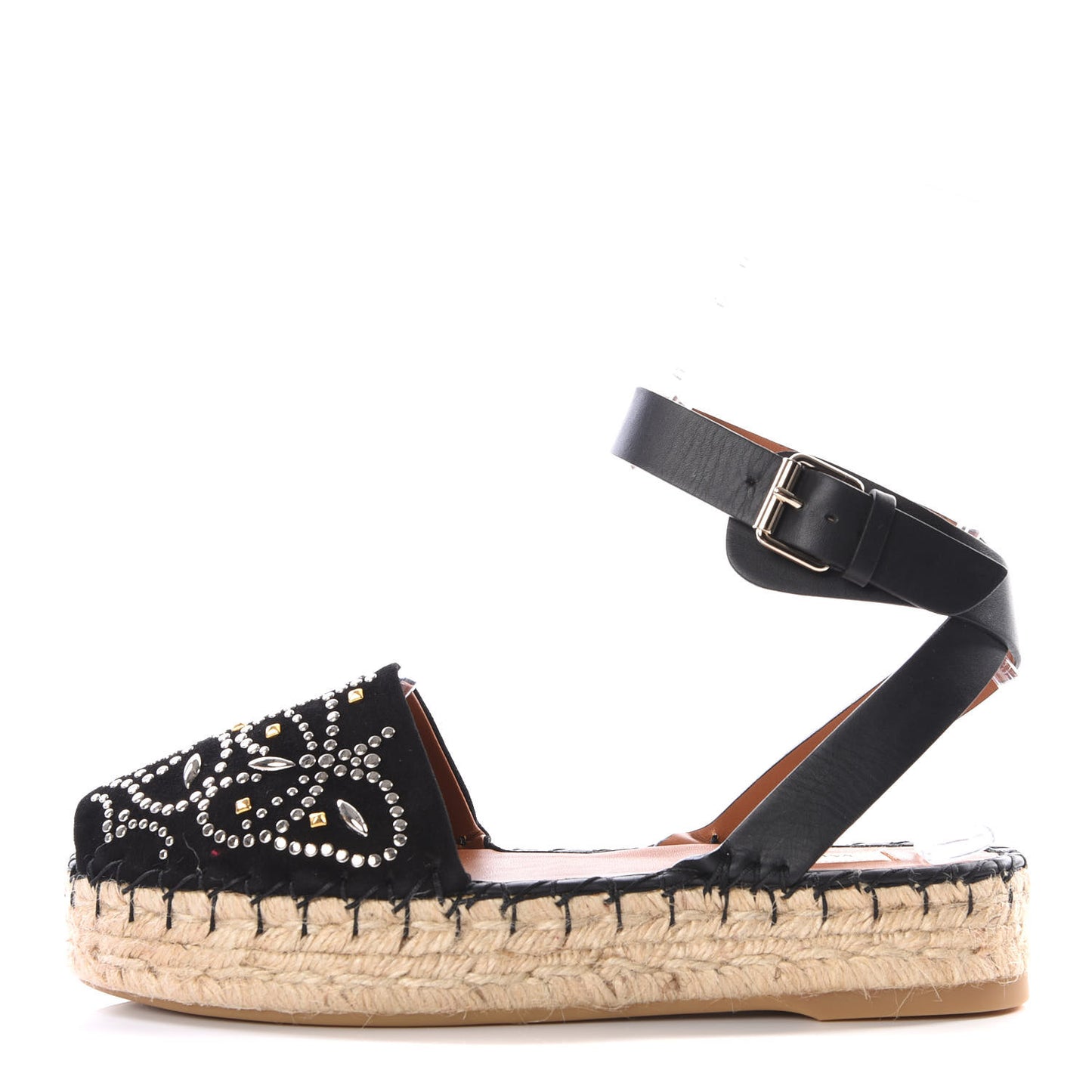 Suede Studded Peep Toe Ankle Wrap Flatform Espadrilles 38 Black