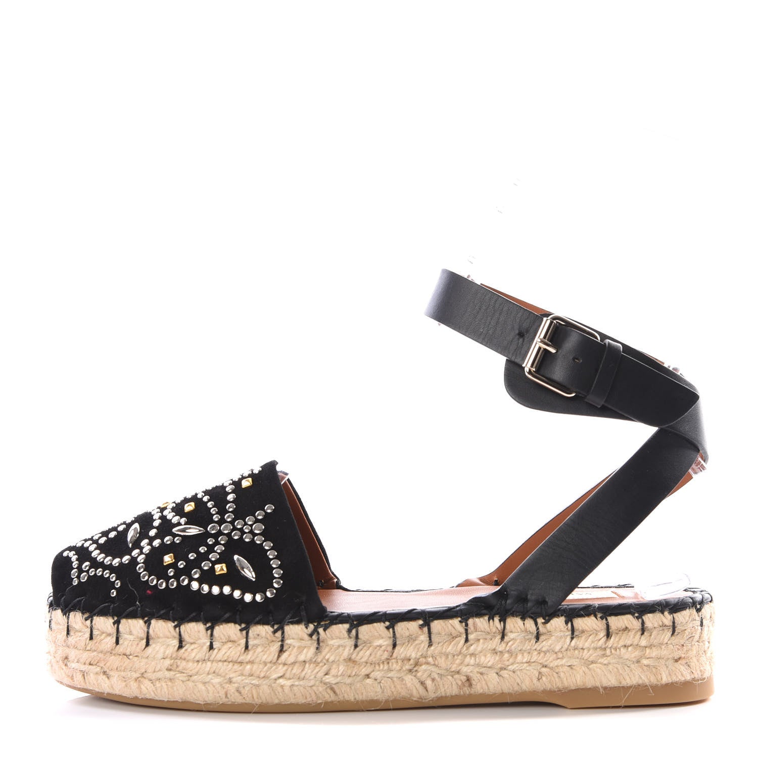 Valentino Garavani Suede Studded Peep Toe Ankle Wrap Flatform Espadrilles 38 Black 1 of 12