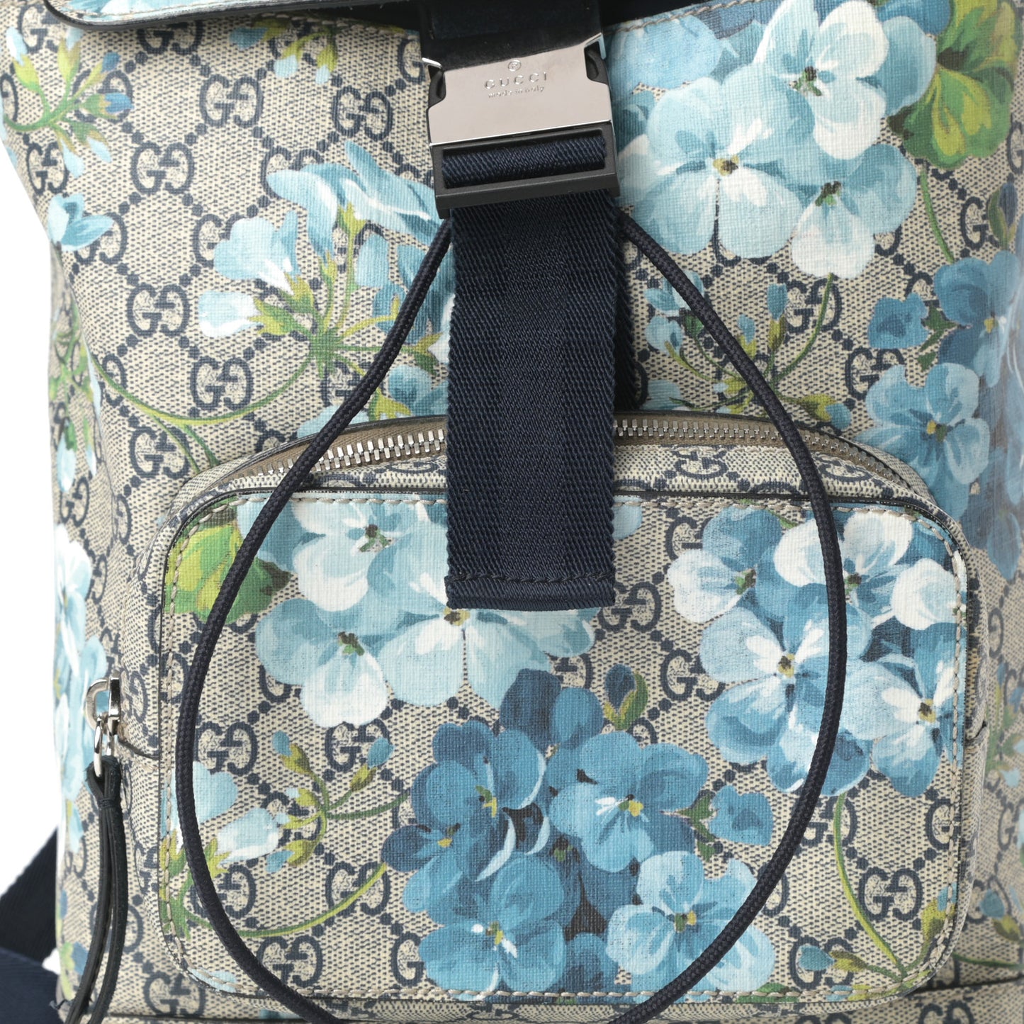 GG Supreme Monogram Blooms Small Single Buckle Backpack Beige Blue Navy