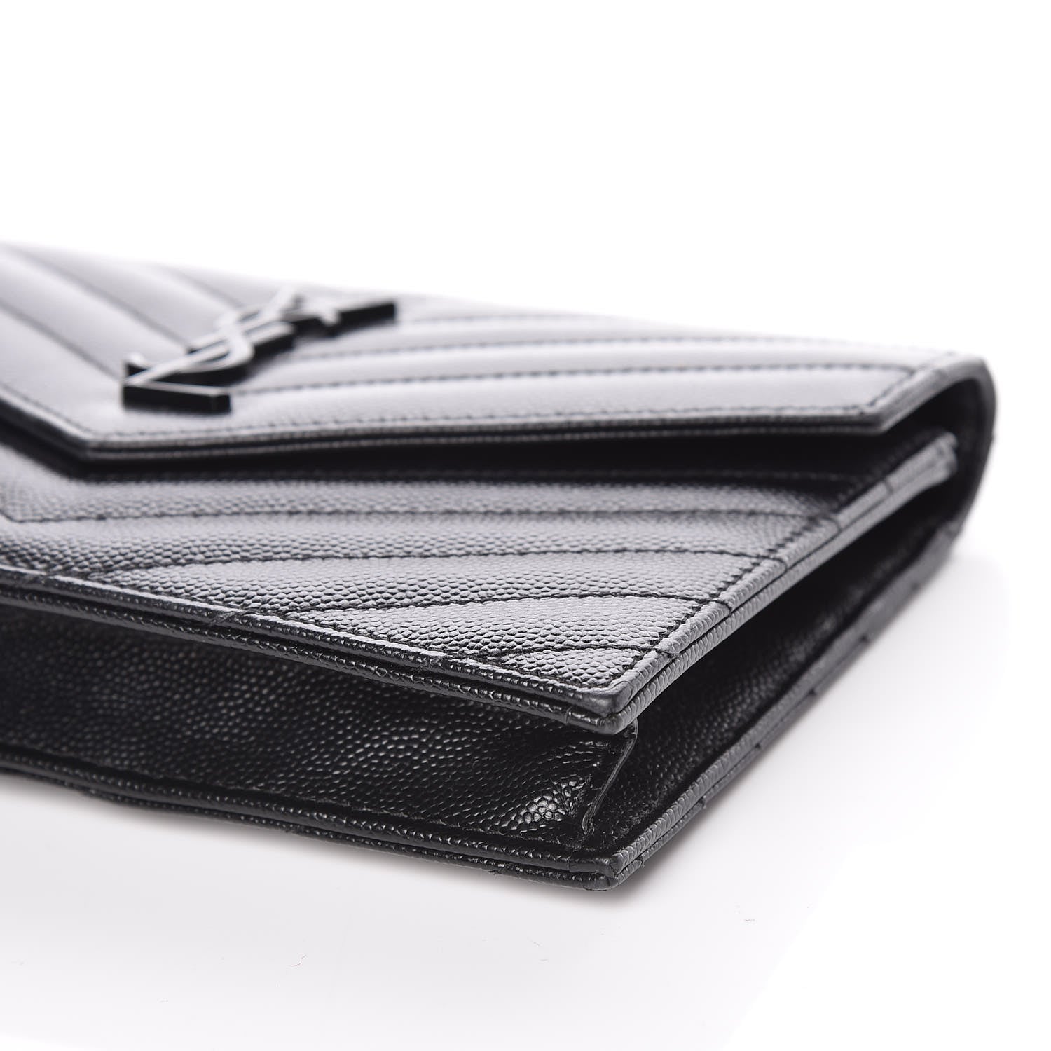 Saint Laurent Grain De Poudre Matelasse Chevron Monogram Envelope Chain Wallet Black 6 of 10
