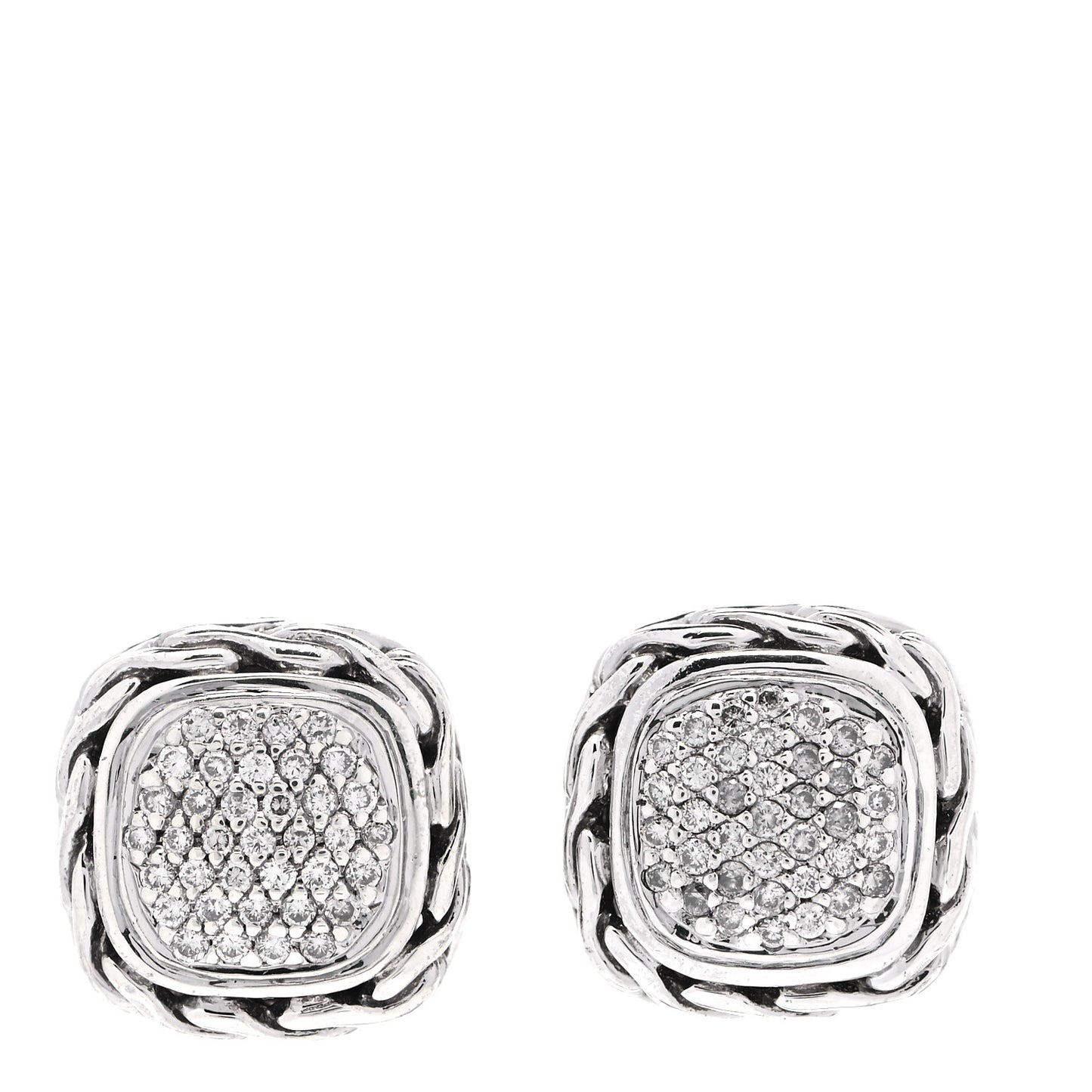 Sterling Silver Diamond 12mm Curved Chain Stud Earrings