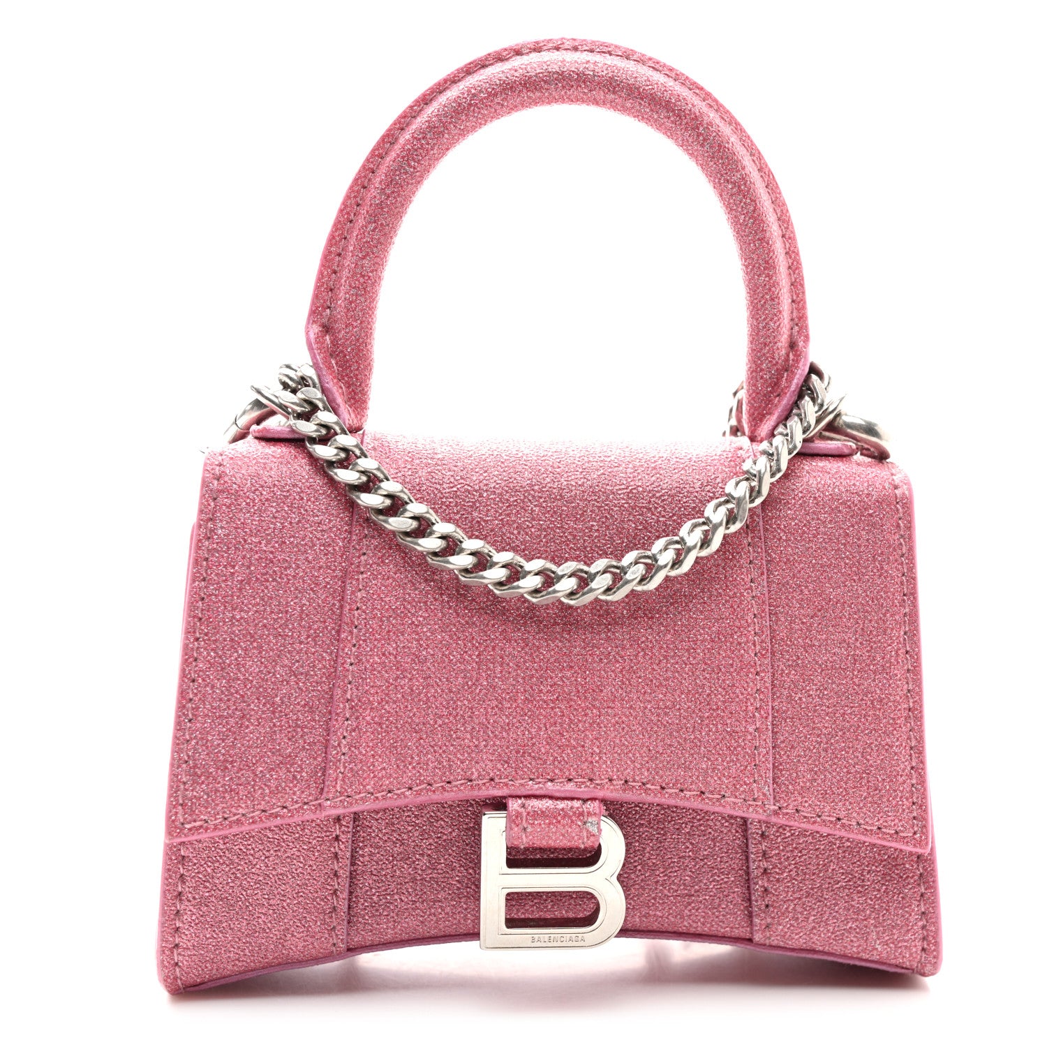 Balenciaga Glitter Fabric Hourglass Top Handle Bag Mini with Chain  Sweet Pink 1 of 10