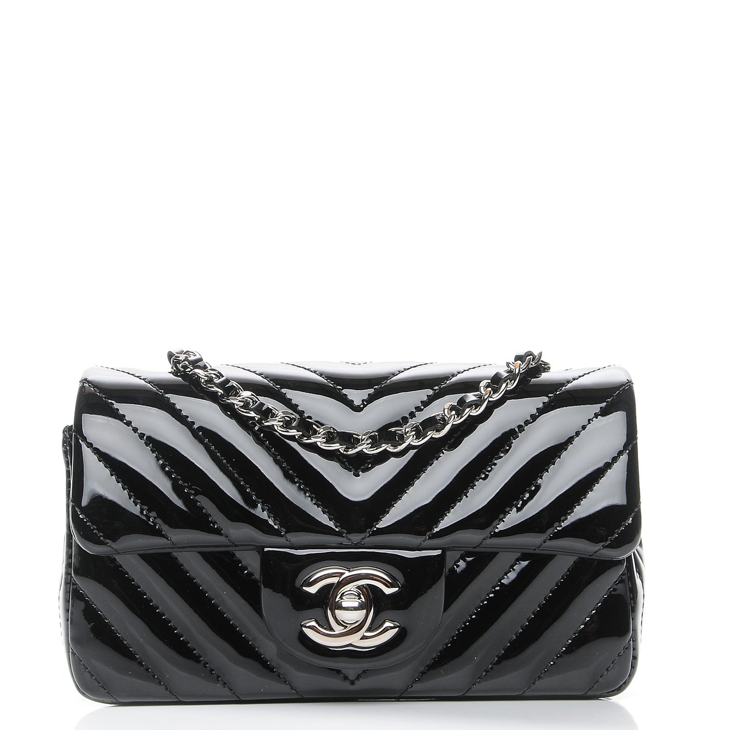 Patent Calfskin Chevron Quilted Extra Mini Flap Black