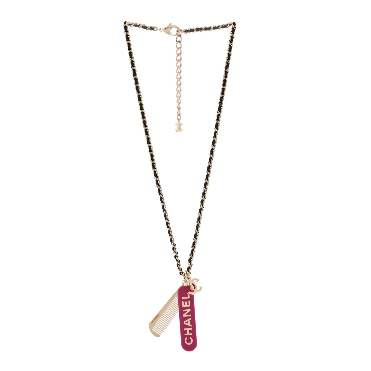 Metal Lambskin Chain CC Comb Necklace Gold Fuchsia Silver Black