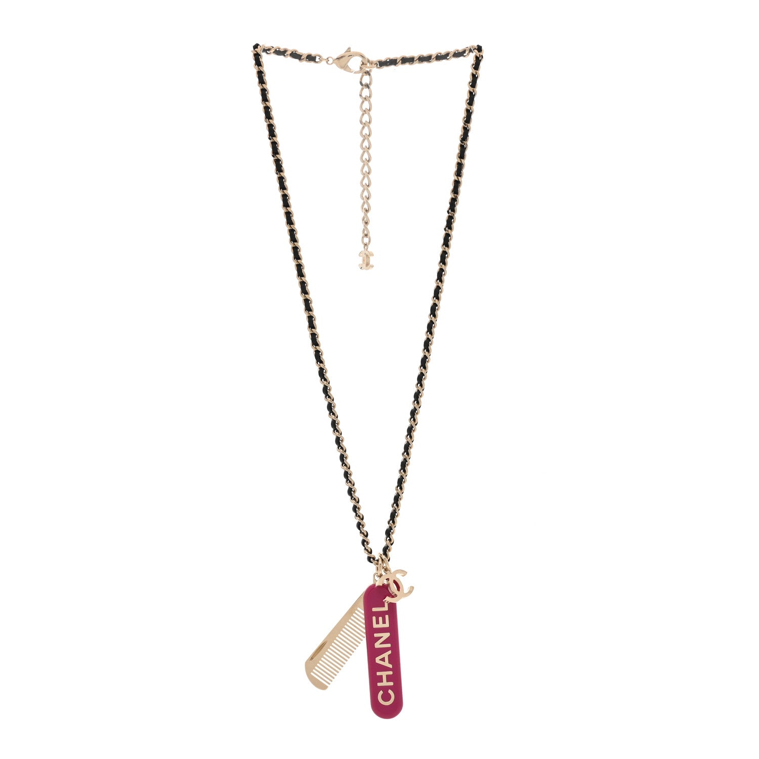 Chanel Metal Lambskin Chain CC Comb Necklace Gold Fuchsia Silver Black 3 of 5