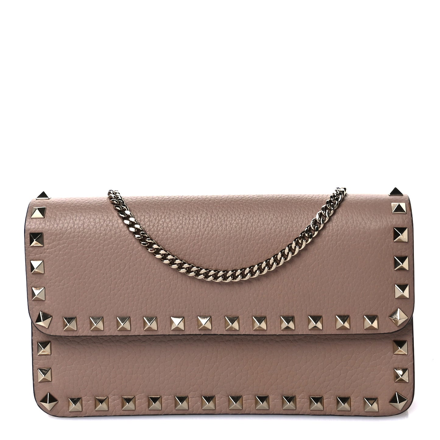 Grainy Calfskin Rockstud Chain Pouch Poudre