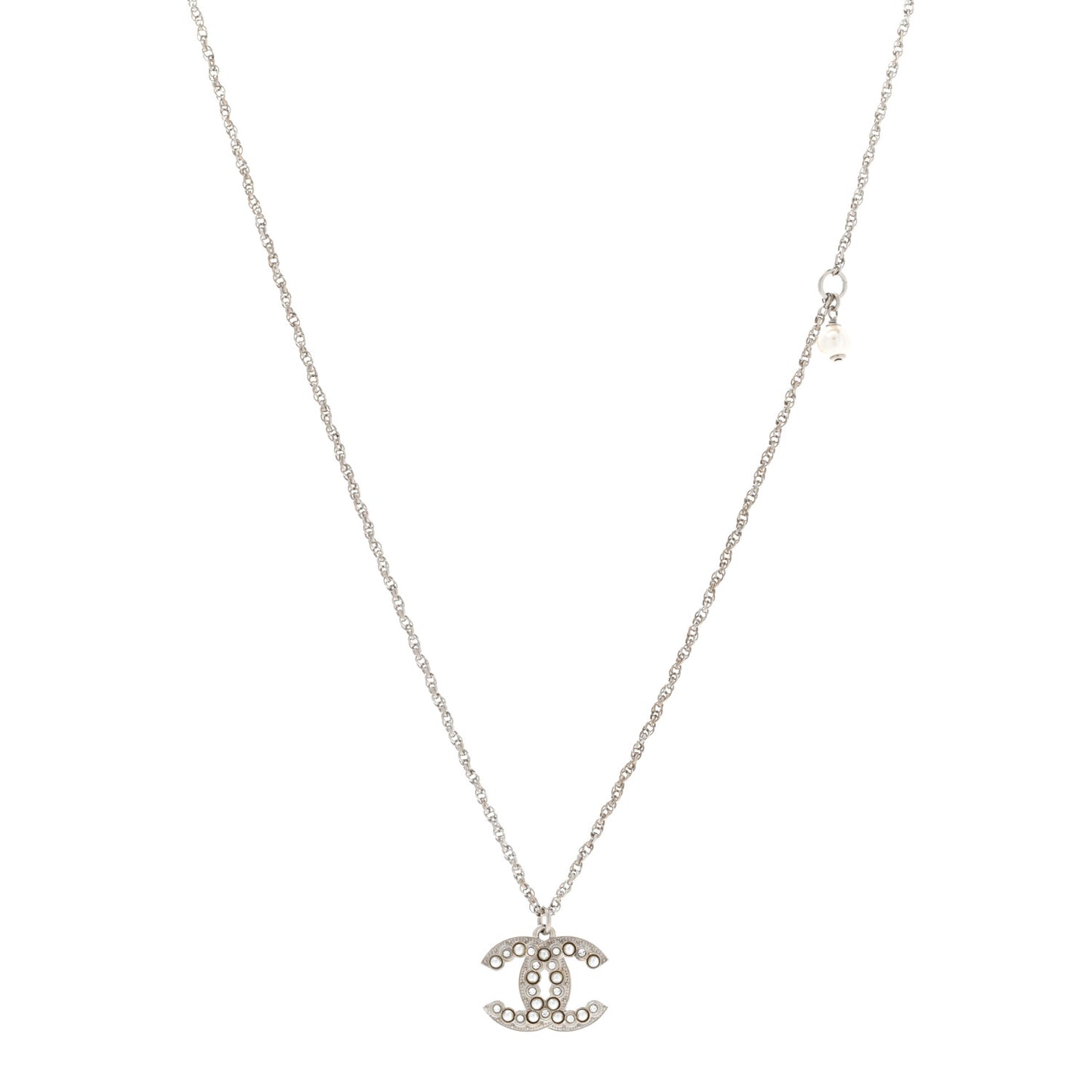 Crystal Pearl CC Pendant Necklace Silver