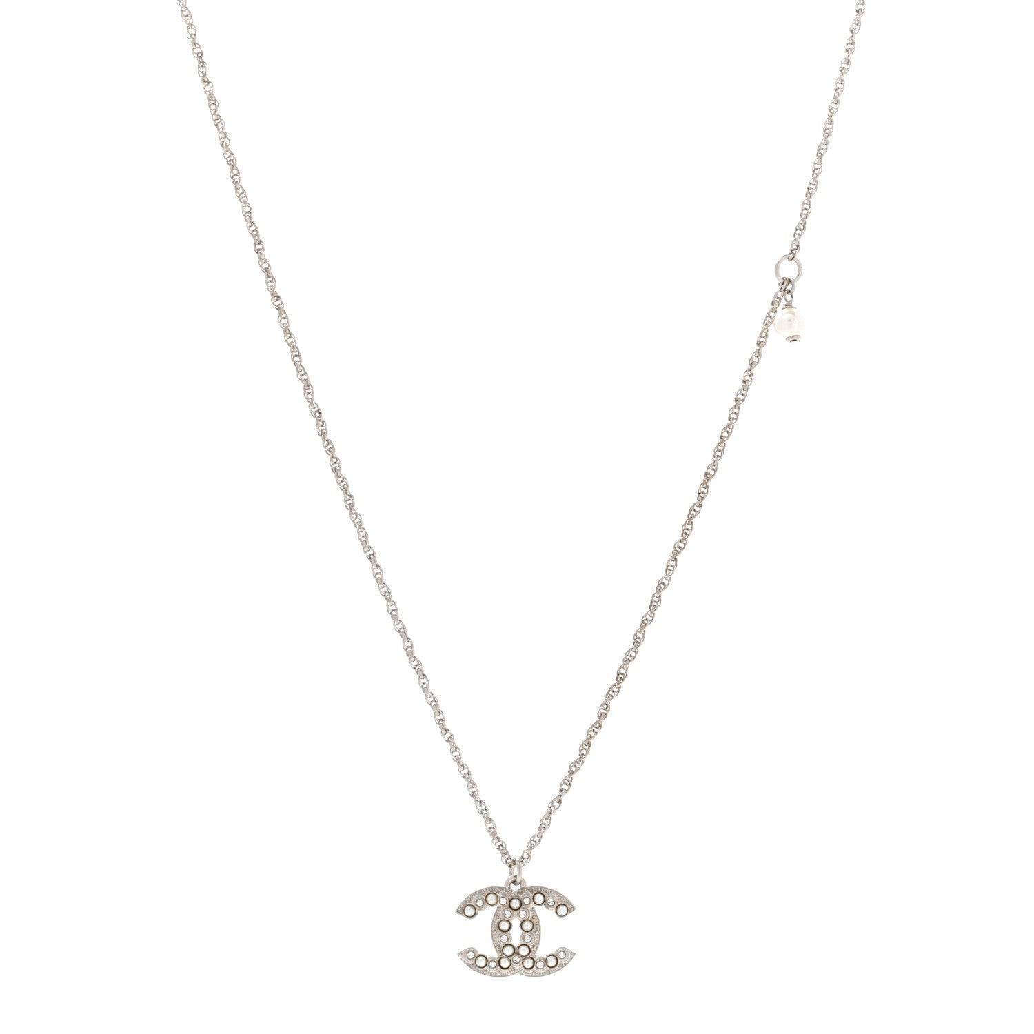 Chanel Crystal Pearl CC Pendant Necklace Silver 1 of 7