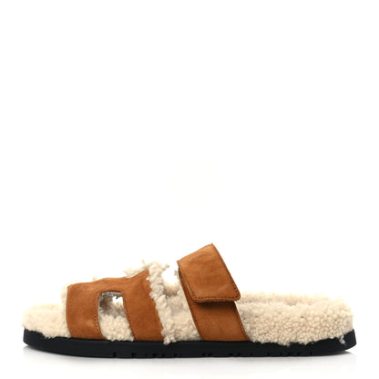 Hermes Suede Goatskin Woolskin Womens Chypre Sandals 36.5 Brun Fume Ecru 1 of 8