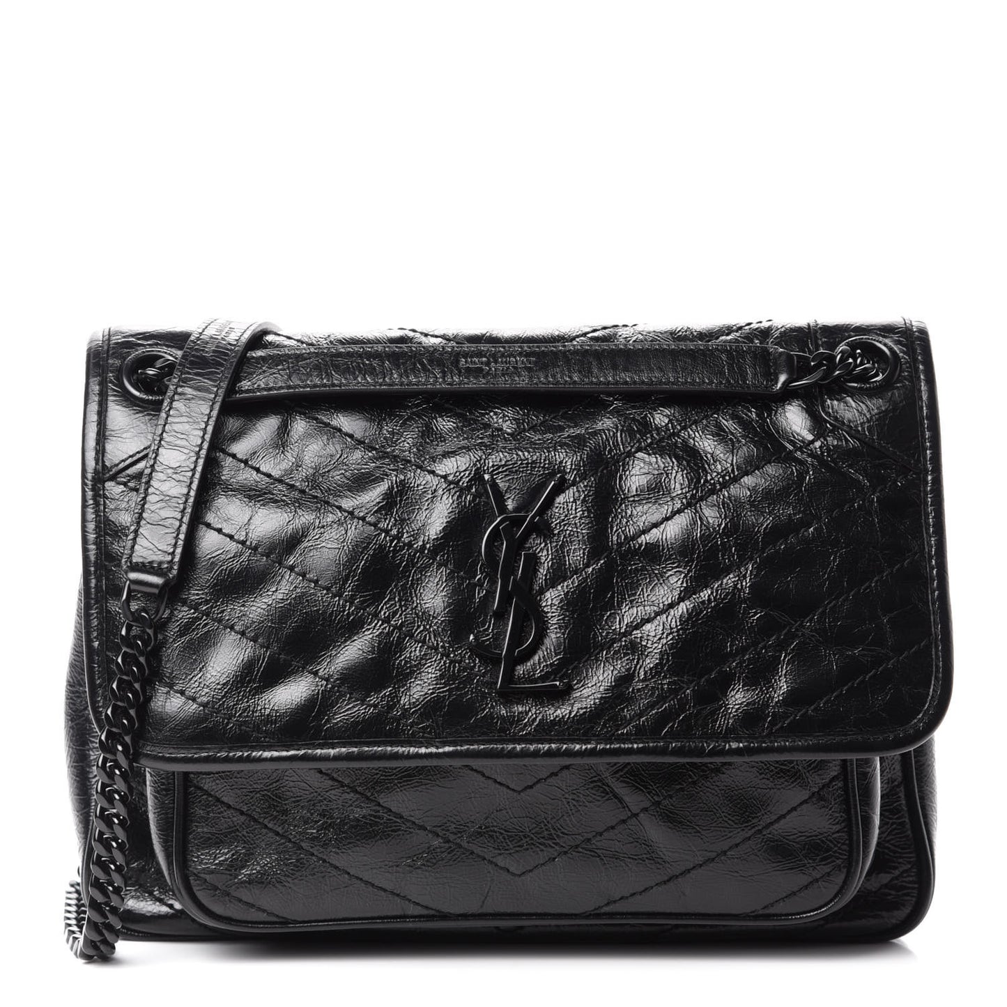 Crinkled Calfskin Matelasse Monogram Medium Niki Chain Satchel Black